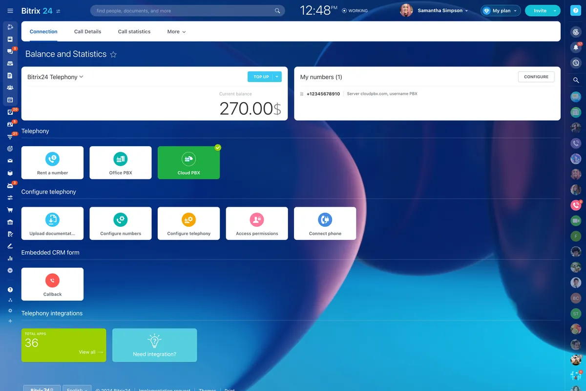 Tela do Bitrix24: Relatório de telefonia