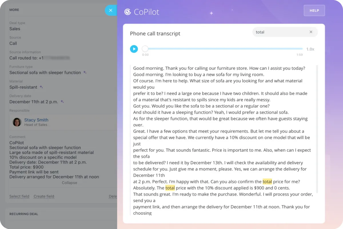 Tela do Bitrix24: CoPilot no CRM
