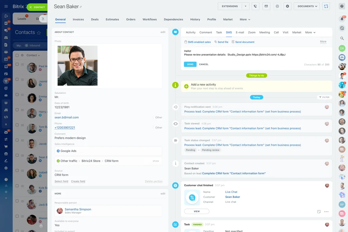 Tela do Bitrix24: SMS no CRM