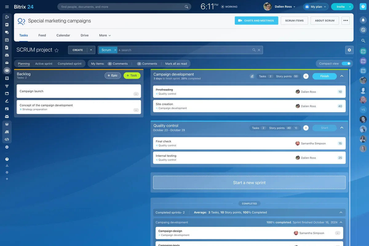 Tela do Bitrix24: Scrum