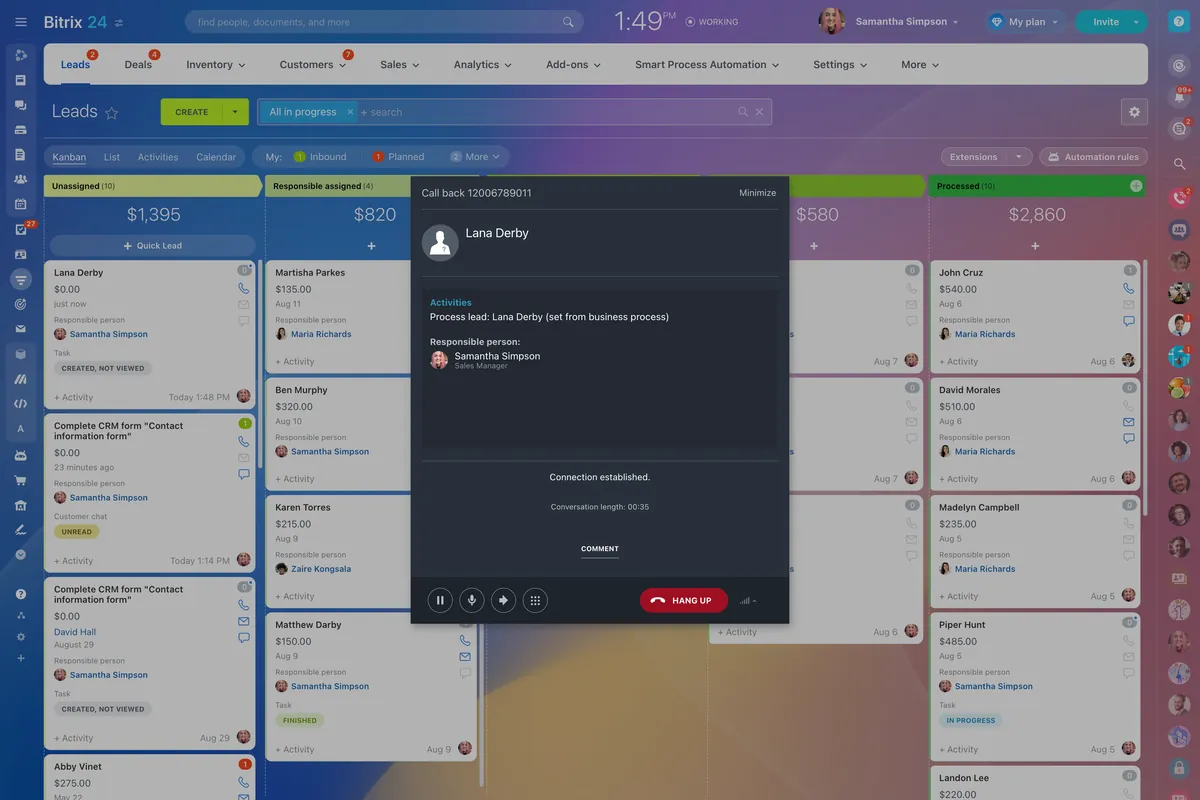 Tela do Bitrix24: Chamada no CRM