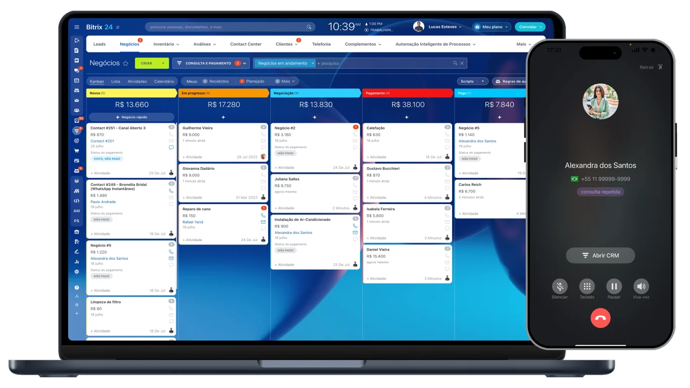 Painel de CRM do Bitrix24 com funil de vendas no notebook e chamada no celular